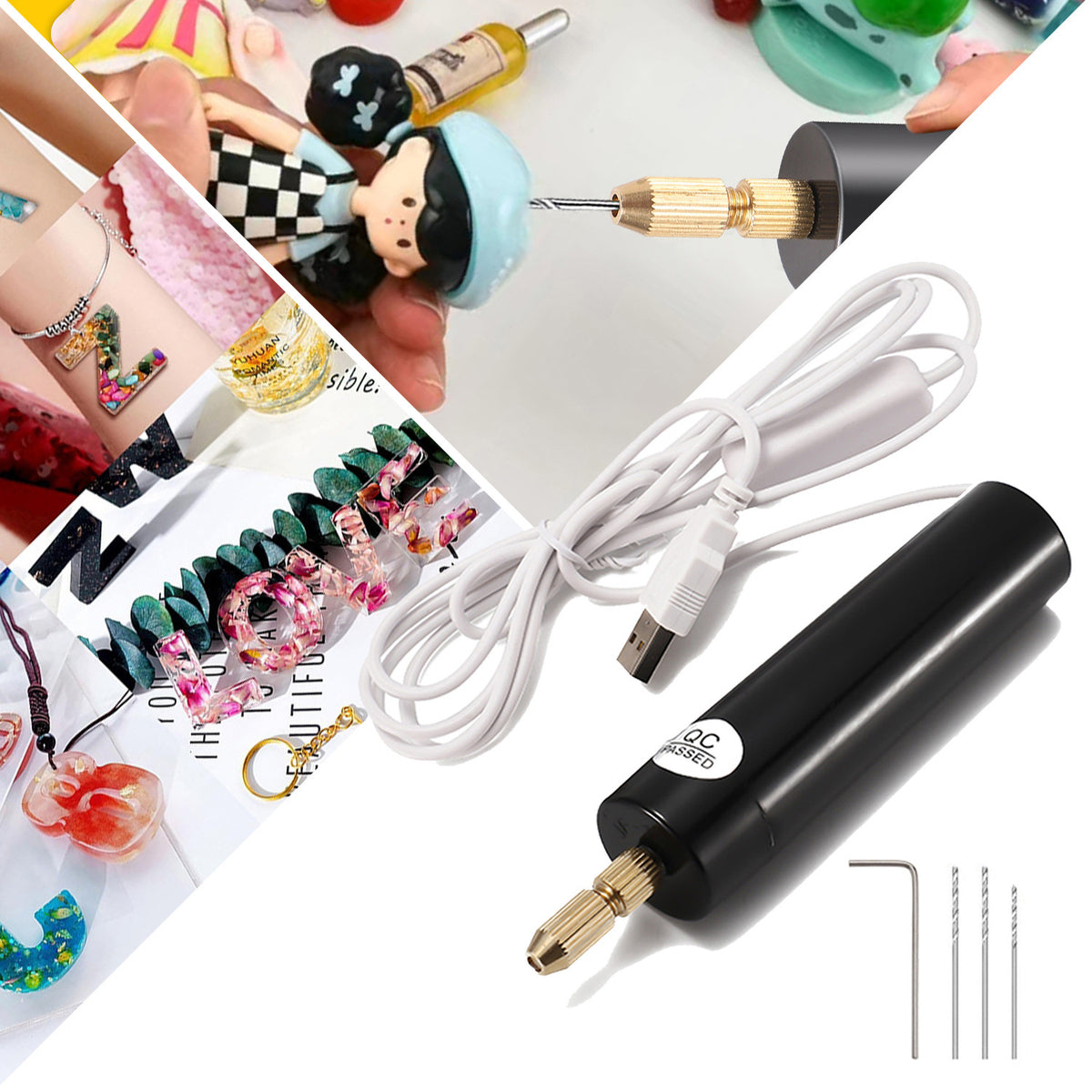 USB Powered Mini Electric Drill, Handheld Drilling Tool for DIY Epoxy Resin Crafts, Pearl Bead Drilling Hole Maker, Comes with Jewelry Eye Screws